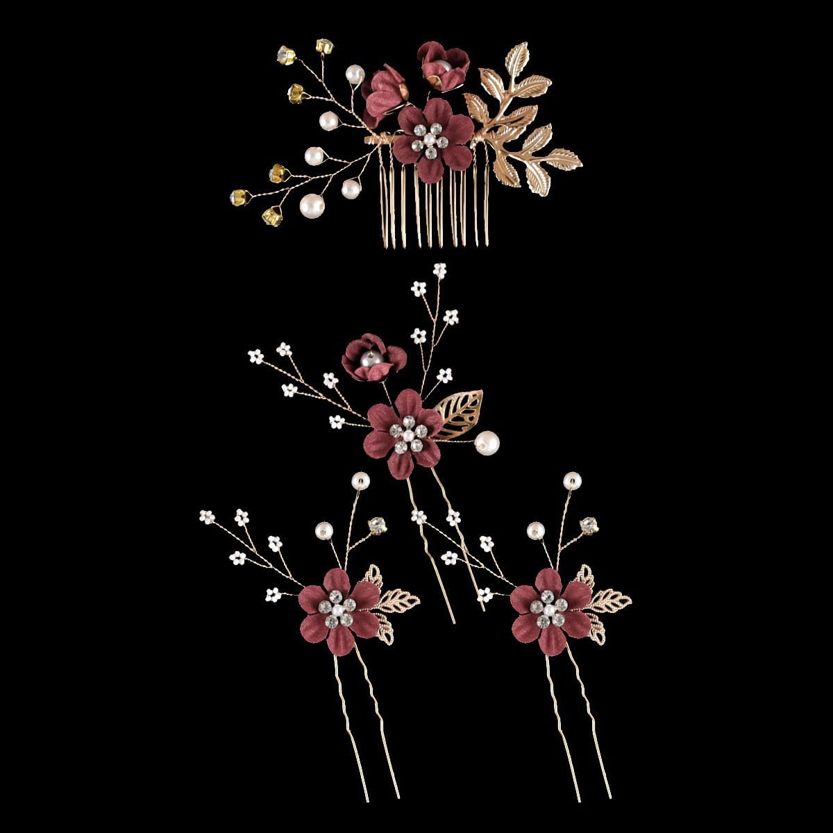 Set of 4 Flower Hair Accessories, Hair Combs Hair Pins Set, Elegant Beads, U-Shaped Clip, Bridal Jewellery, Wedding Hair Clips, Headpiece for Hair, for Party, Prom, Wedding, Dinner, Wine Red image number 2