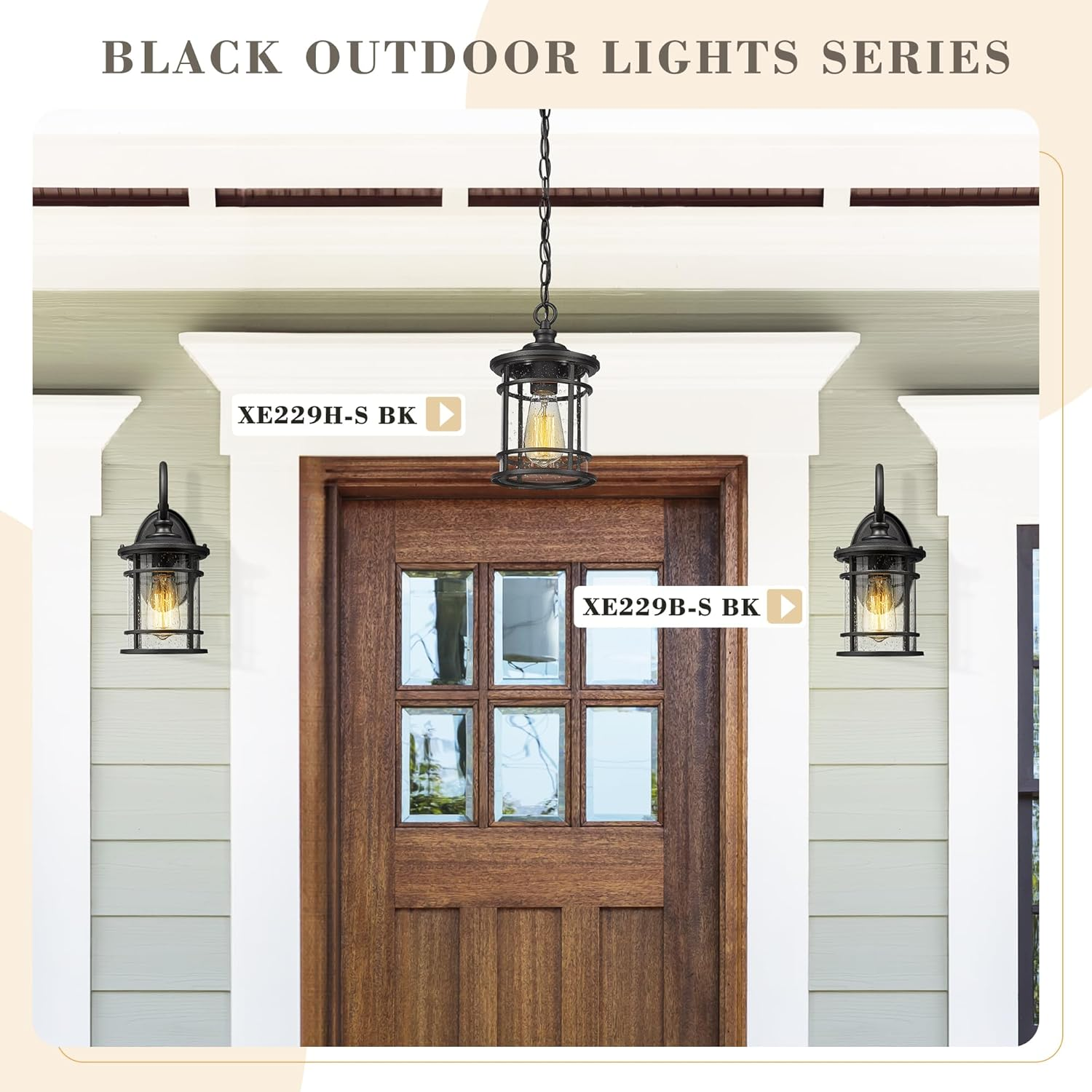 EMLIVIAR Outdoor Wall Light Fixture - Modern Exterior Wall Sconce for House with Seeded Glass Shade, 12.4 Inch Height, Black Finish, XE229B-S BK image number 1