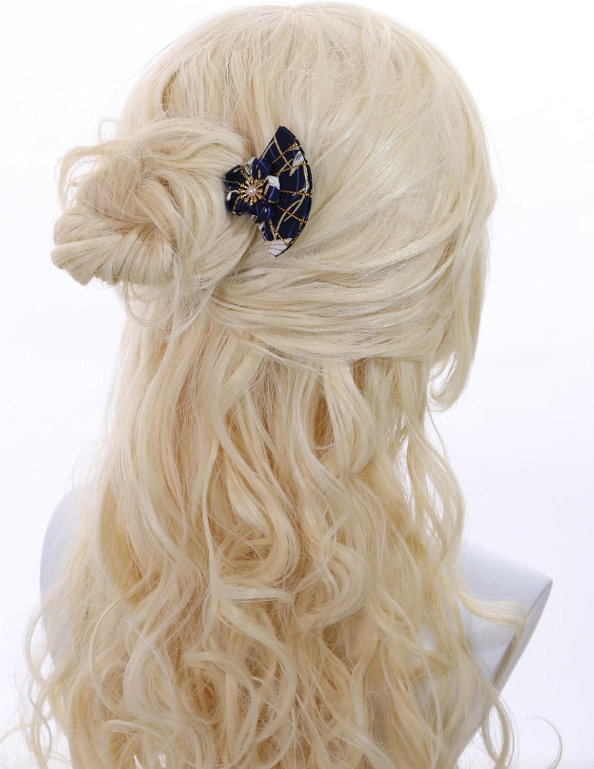 C-121-2 Dark Blue Hair Pin Fan Shape Pin Hair Pin Fabric Flower Sakura Japan Geisha Kimono Accessory image number 4