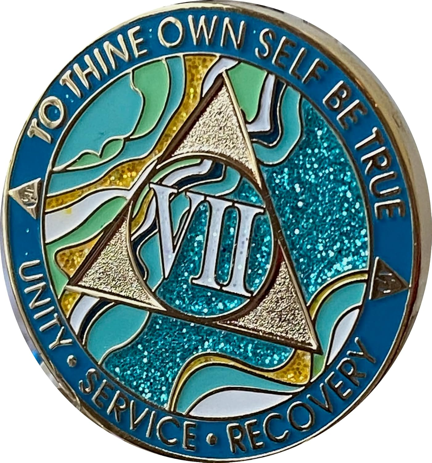 7 Year AA Medallion Elegant Marble Caribbean Aqua Glitter Blue Gold Plated Chip image number 2
