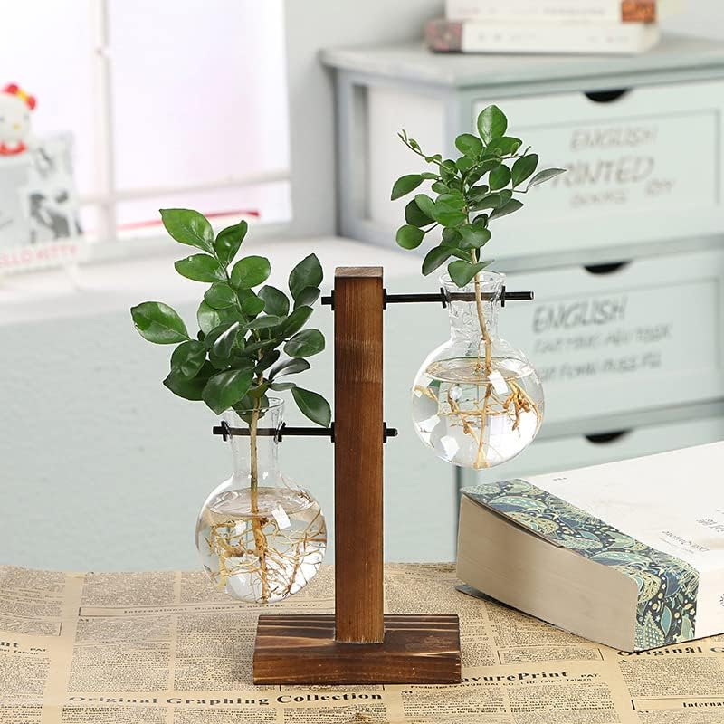 Wooden Stand Glass Flower Vase Hydroponic Hanging Plant Terrarium Container, Modern Hanging Flower Container image number 2