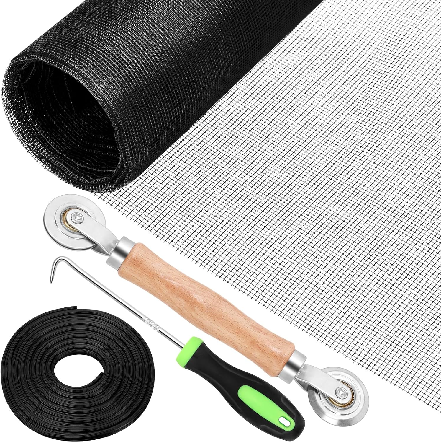 Swpeet 4Pcs Screen Repair Kit, Include Black Screen Mesh, Double Sided Screen Roller, Window Screen Hooks, Retainer Spline, for Replacing & Installing Door and Window Screens