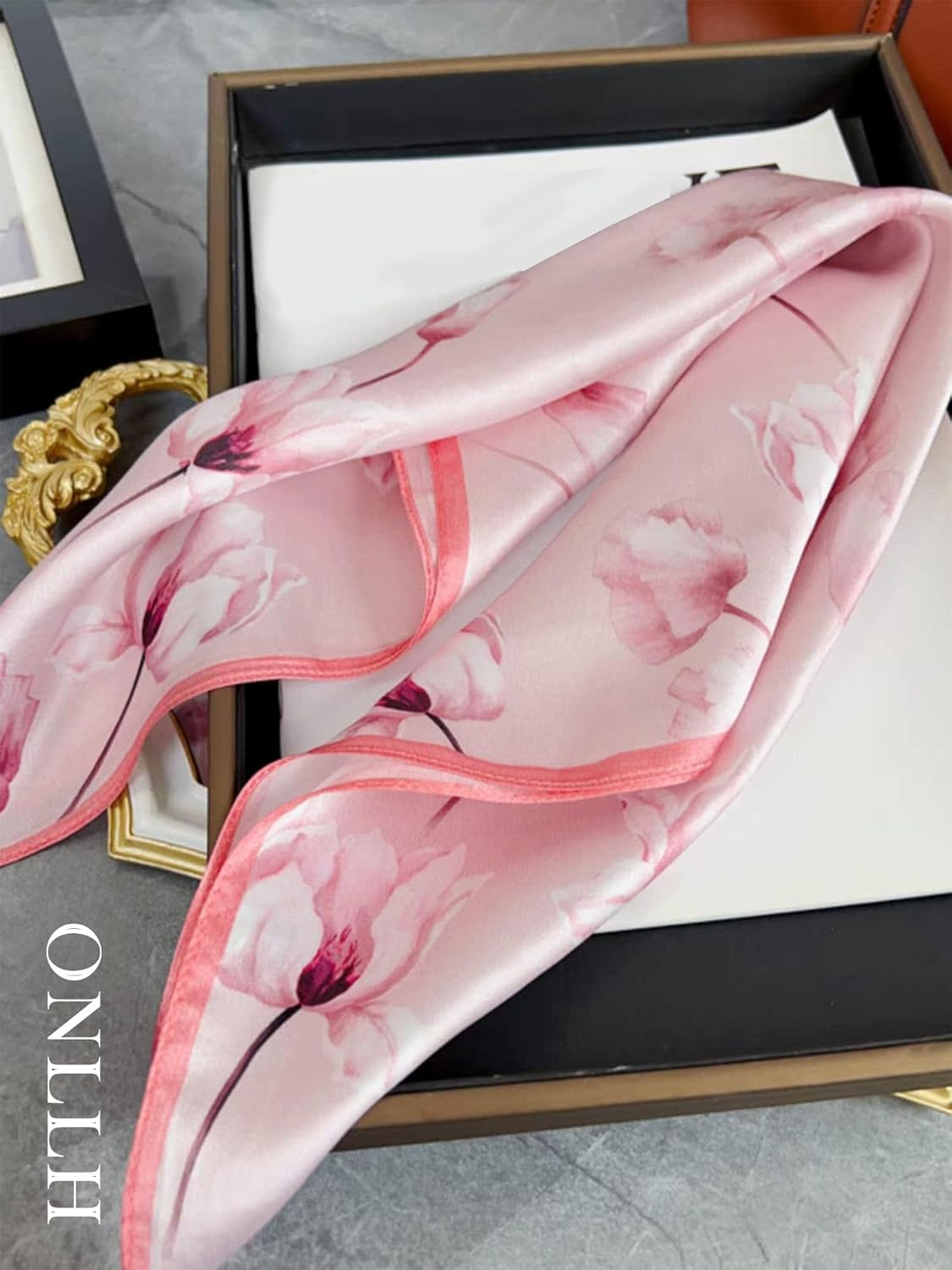 100% Mulberry Silk Scarf for Women Hair Lightweight Square Neckerchief Wrap for Head Scarves 21" - 22-Green Belt /21"*21" image number 5