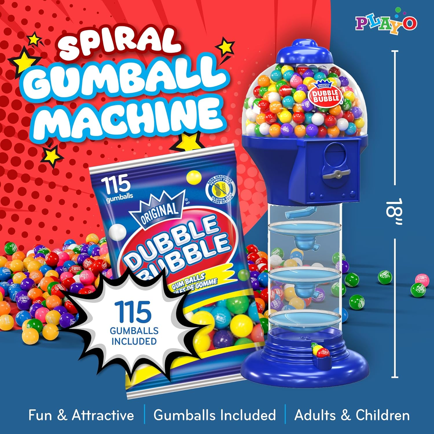 Playo 18" Big Spiral Gumball Machine Toy - Includes Aprox 113 Gum Balls - Kids Dubble Bubble Twirling Style Candy Dispenser - Birthday Parties, Novelties, Party Favors and Supplies (Blue, 18") image number 1