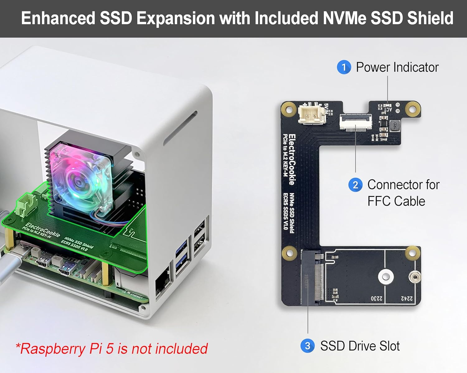 Electrocookie Raspberry Pi 5 Case, Aluminum Mini Tower Case with M.2 Nvme SSD Pcie HAT and Active RGB Lighting Cooler (Silver) image number 5