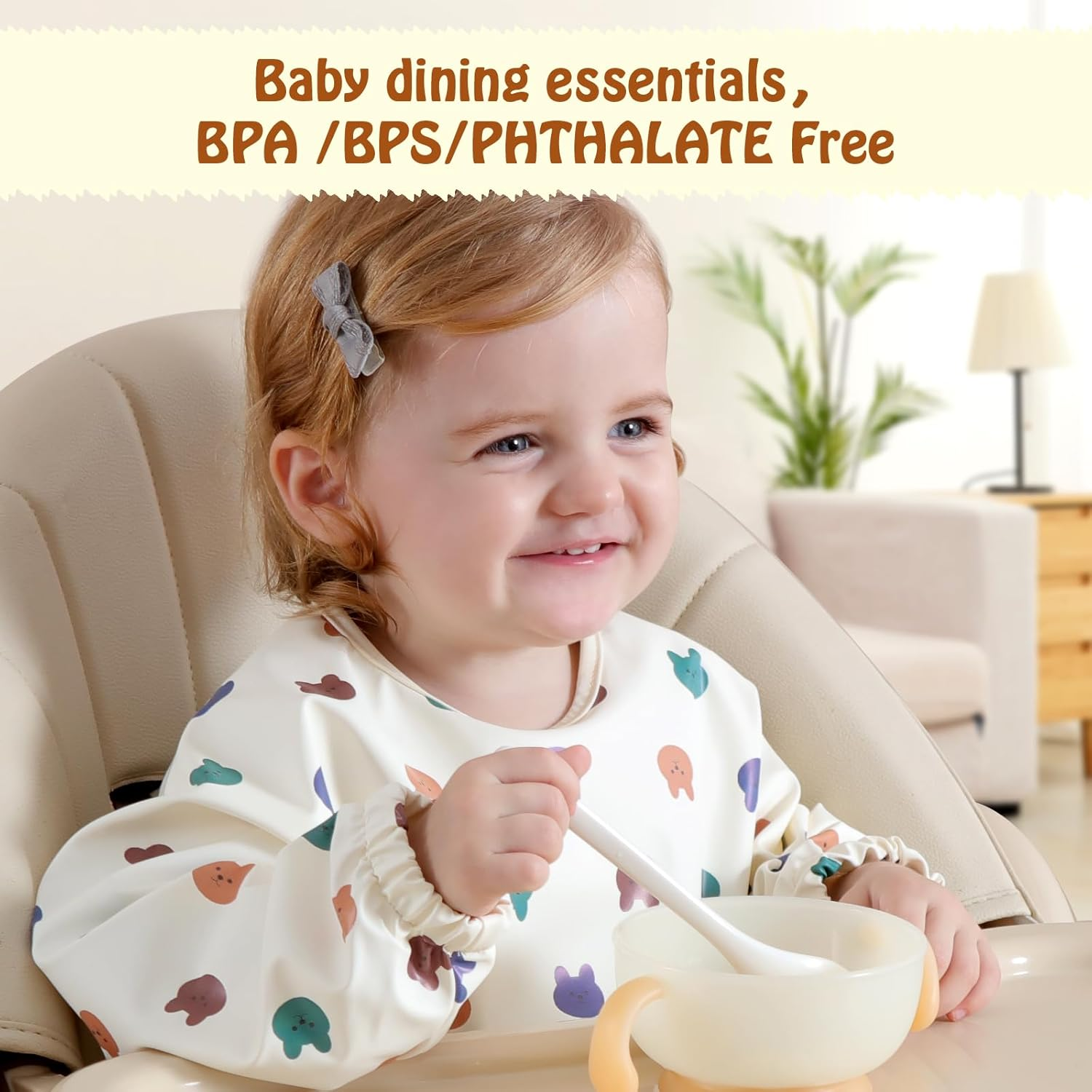 Feeding Bib with Long Sleeves & BLW 2PCS, Soft and Skin-Friendly Material, Coverall Bibs for Baby Feeding, Waterproof and Easy to Clean & Machine Washable, for Infant Toddlers (Yellow) - Yellow image number 2