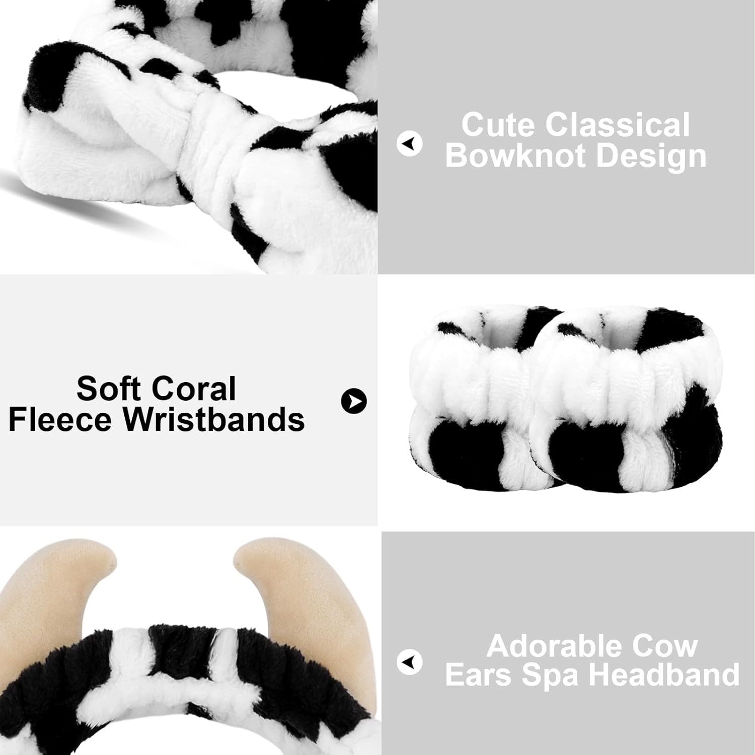Canitor Cow Print Spa Headband and Wrist Bands Kit for Washing Face Soft Makeup Headband Cute Cow Ears Skincare Headband Wristband Set Stuff Gifts for Women Girls - 02-Bear image number 4