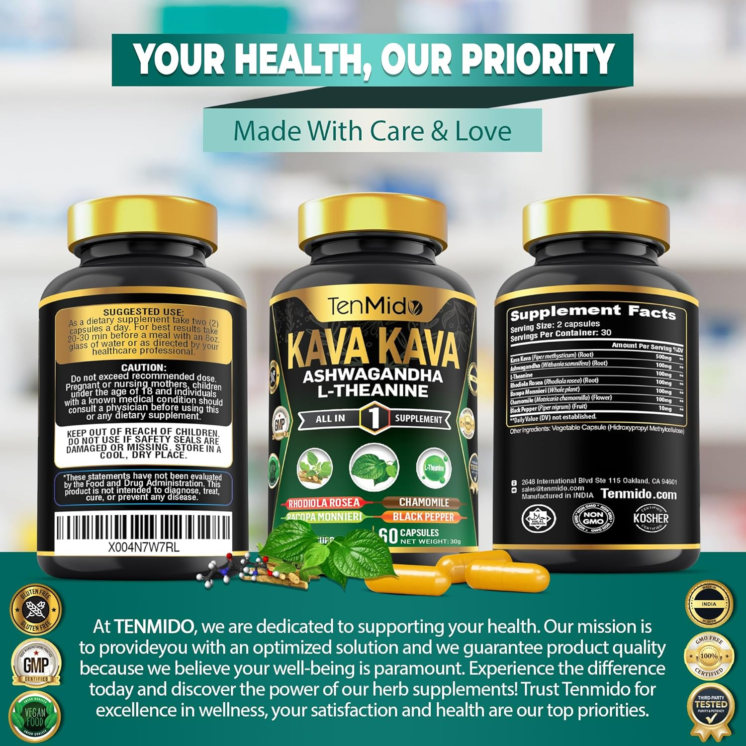 Kava Kava Supplement - 7In1 Blend with Ashwagandha, L-Theanine, Rhodiola, Bacopa & More - 60 Non-Gmo, Vegan Capsules image number 3