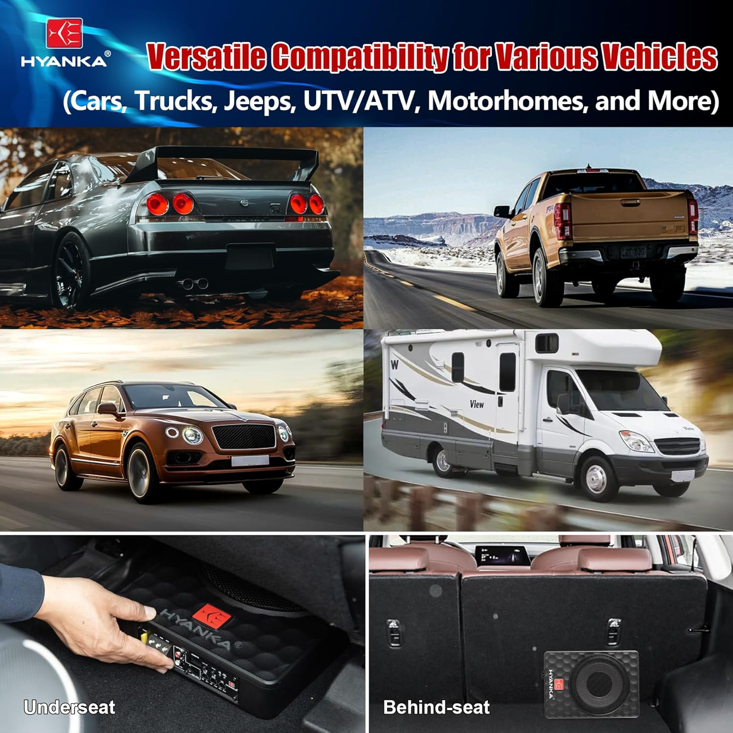 H Yanka SODA-08ASW 400W 8 Inch Compact Underseat Car Subwoofer with Built-In Amp, Slim Powered Subwoofer for Car/Truck/Jeep Audio