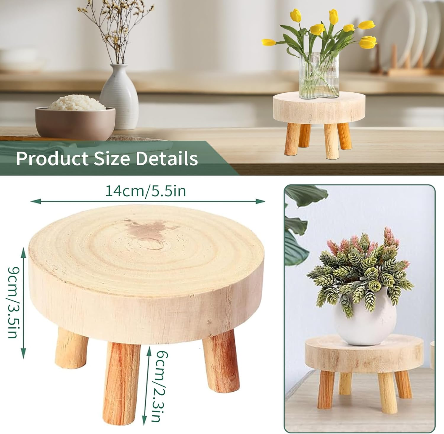 Wooden Plant Stool, Mini Wooden Stool Display Stand, round Decorative Flower Shelf Bonsai Rack, Small Table Succulents Flower Shelf, Modern Plant Stand for Indoor Outdoor Decoration, Garden Holder (S) image number 6