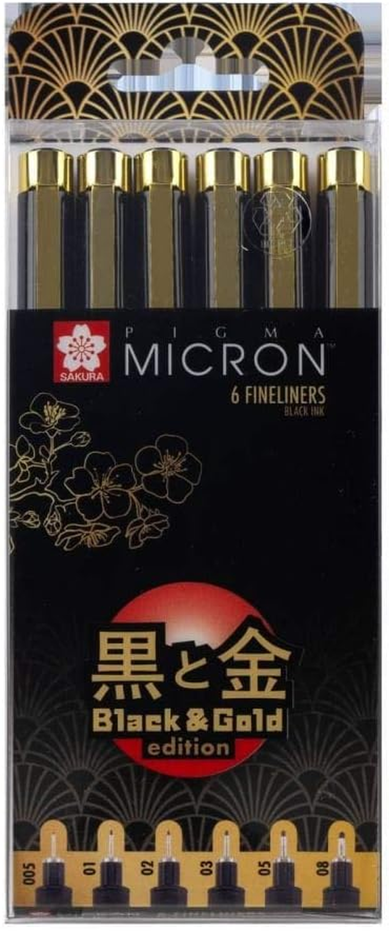Sakura Pigma Micron Fineliners Pens - Black and Gold Edition - 005/01/02/03/05/08 - Black Ink - Wallet of 6 image number 2