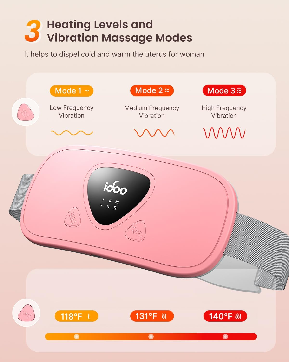 Idoo Large Heating Pad for Cramps, Cordless Portable Menstrual Heat Pack for Pain Relief with 3 Heat Levels and 3 Vibration Massage Modes, Fast Back or Belly Heating, Ideal Gifts for Women, Girls (Pink) image number 3