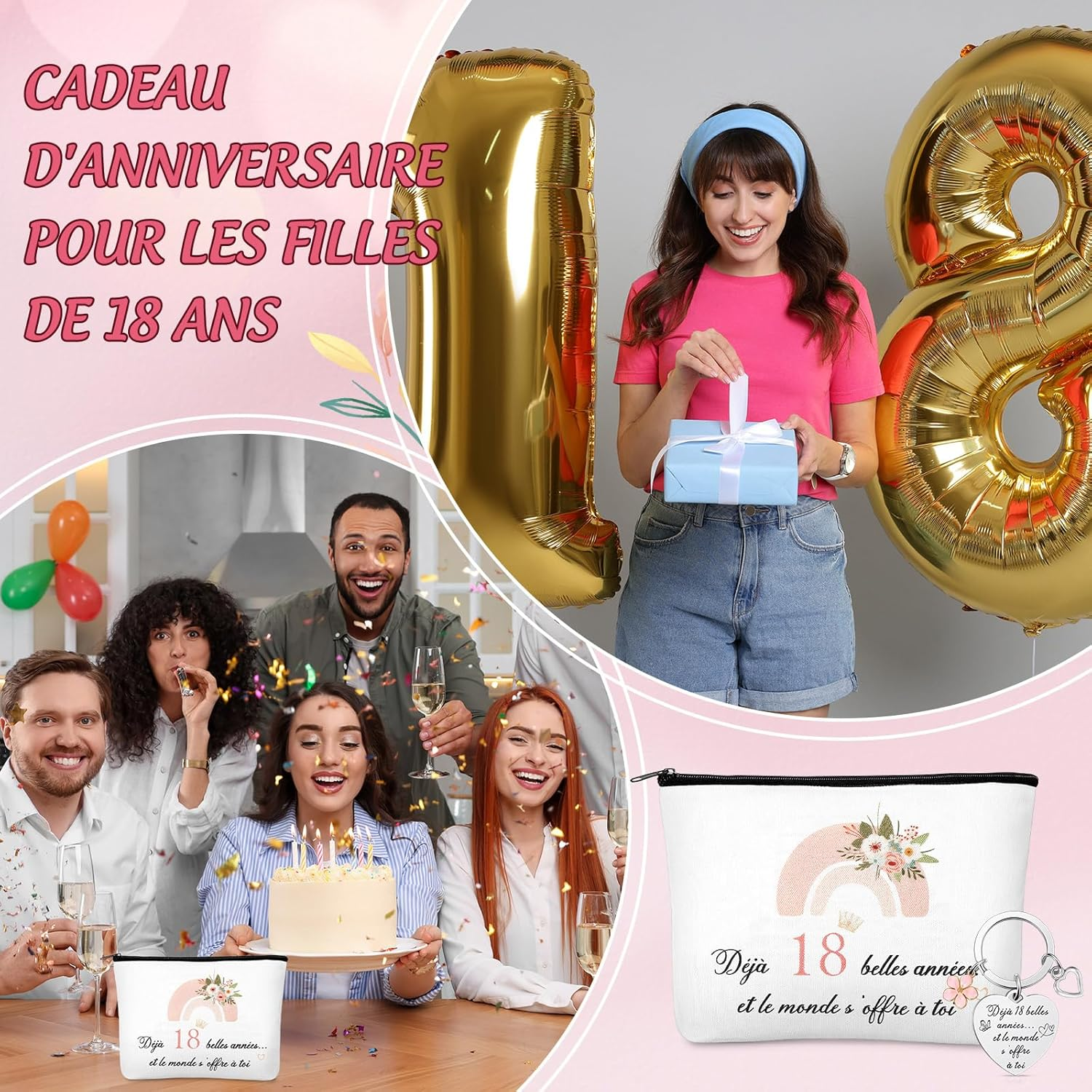 Xuniea 18Th Birthday Gift for Girls Cosmetic Bags with Zipper and Flower Pendant Keychain Funny Birthday Gifts for Women, Classmates, Friends, Niece, White, Fashion image number 4