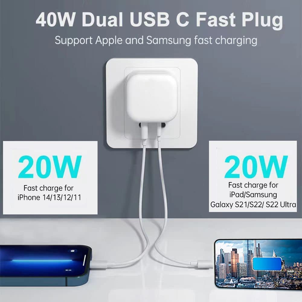 40W Dual USB C Charger, KIYOSAKI Dual USB-C Port Power Adapter Type C Plug Compatible with Iphone 14 Pro Max/14 Pro/14/13 Pro Max/13 Pro/13, Ipad Pro/Air, Macbook, Apple Watch, Samsung Galaxy Etc image number 5