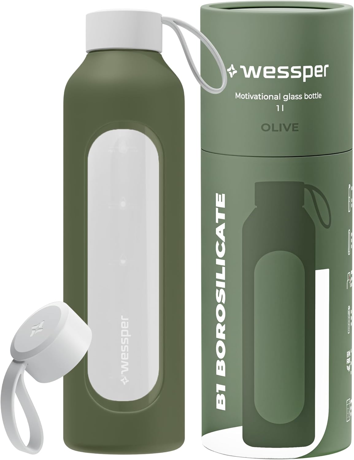 Wessper Glass Drinking Bottle, 1 Litre with Time Markings, Bpa-Free Drinking Motivation, Borosilicate Water Bottle, Airtight Glass Bottle with Bamboo Lid, Reusable, with Silicone Case, White