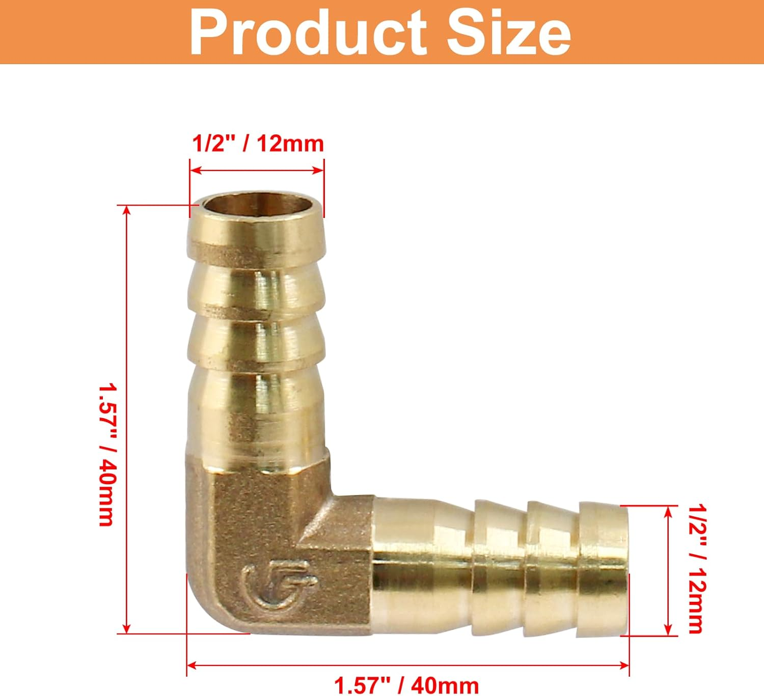 Hordion 2PCS 1/2" Hose Barb Fitting 90 Degree Elbow Connector, Right Angle Brass Barbed Fitting for Water Fuel Air image number 5