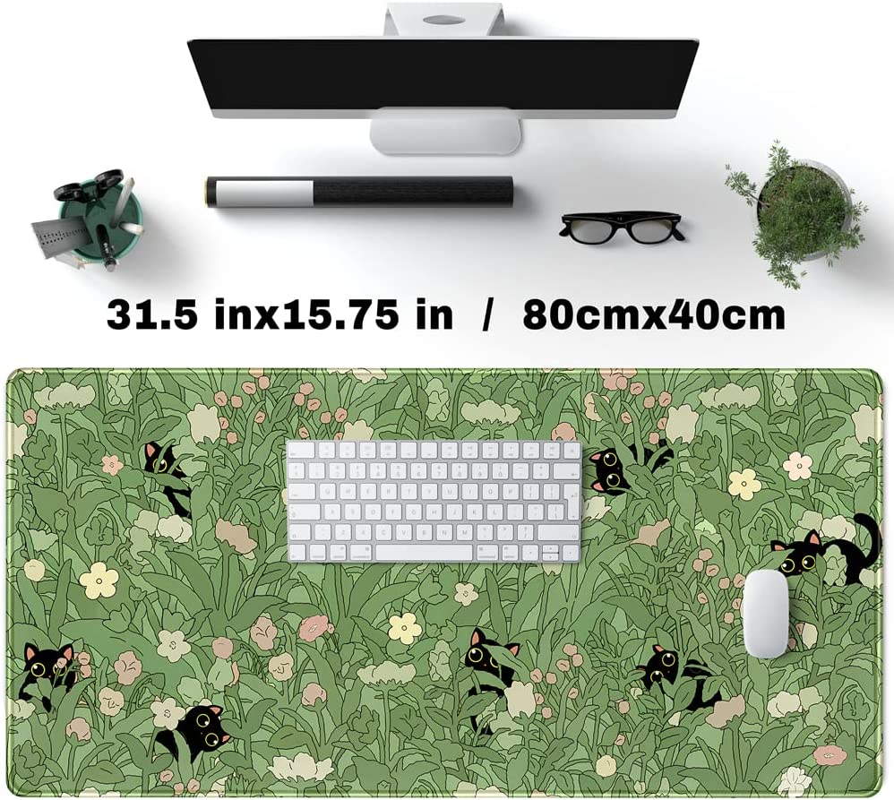 Green Mouse Pad XL Cat Cute Plant Cool Keyboard for Desk, Mat Kawaii Black Flower Desk Decor with Stitched Edges Non-Slip Large Computer 31.5X15.7In, B-Cat in the Meadow image number 1