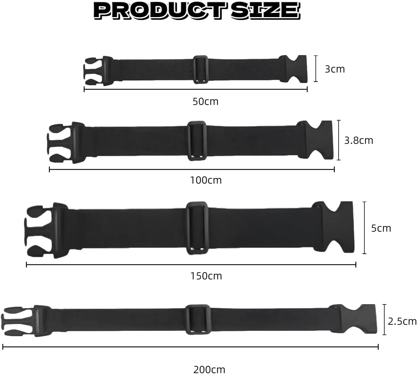 Pack of 4 Black Luggage Straps, Elastic Suitcase Strap, Adjustable Buckle Strap, Suitcase Strap for Safely Packing and Organising Travel Bags, Suitcases, Luggage Strap (3 X 50-200 Cm)