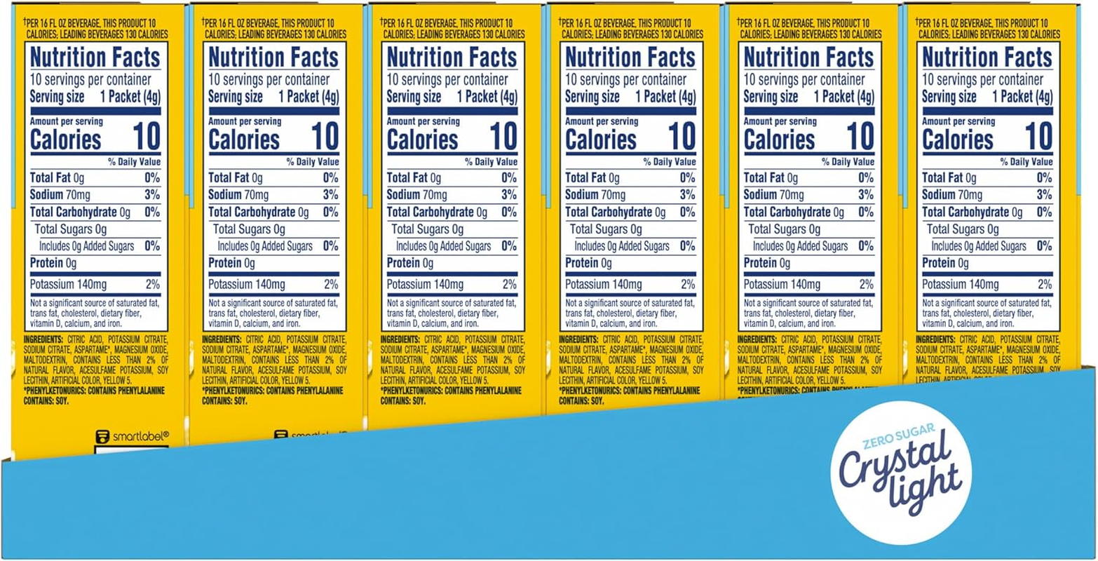 Crystal Light Sugar Free Lemonade Powdered Drink Mix, Caffeine Free, 0.14 Oz Packet Pack of 12 Cartons with 10 Each image number 1
