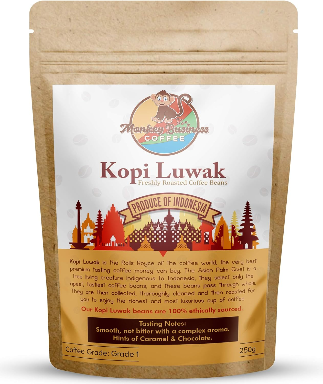 Monkey Business Coffee - Wild Kopi Luwak Coffee Whole Beans - Ethically Sourced - 250 Grams (Other Weights & Bean Types Available) - Produce of Indonesia image number 5