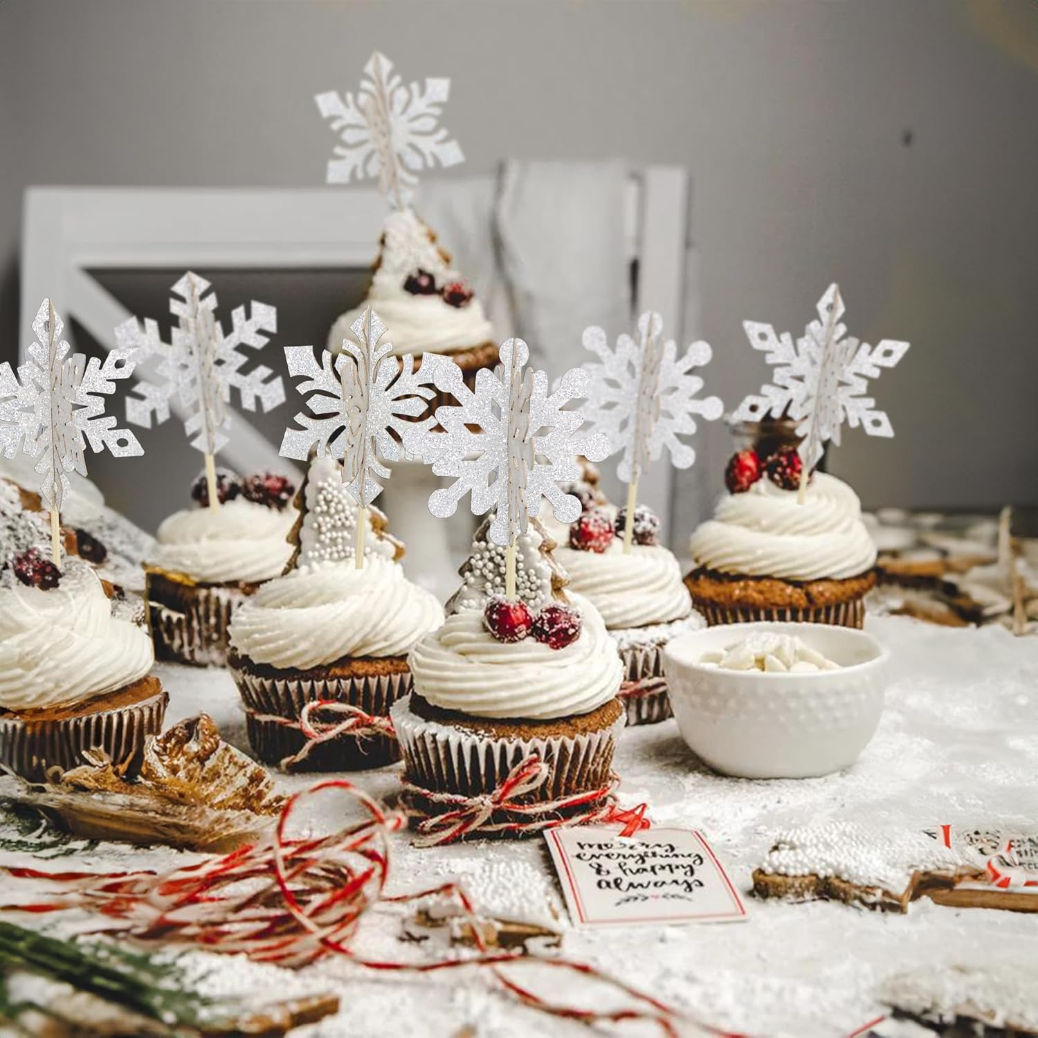 Gyufise 24Pcs 3D Snowflake Cupcake Toppers Double Side Glitter Winter Frozen Cupcake Pick Decorations Winter Theme Party Christmas Baby Shower Birthday Decoration Supplies Silver image number 4