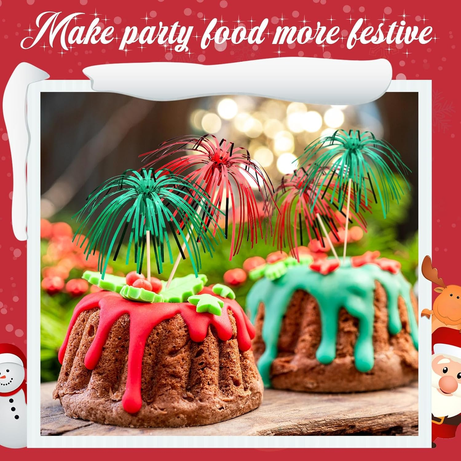 Baderke 150 Pcs Christmas Cocktail Picks, Cupcake Toppers Firework Design Bamboo Toothpicks Cocktail Skewers Sticks Food Picks for Party Decoration Celebration image number 4