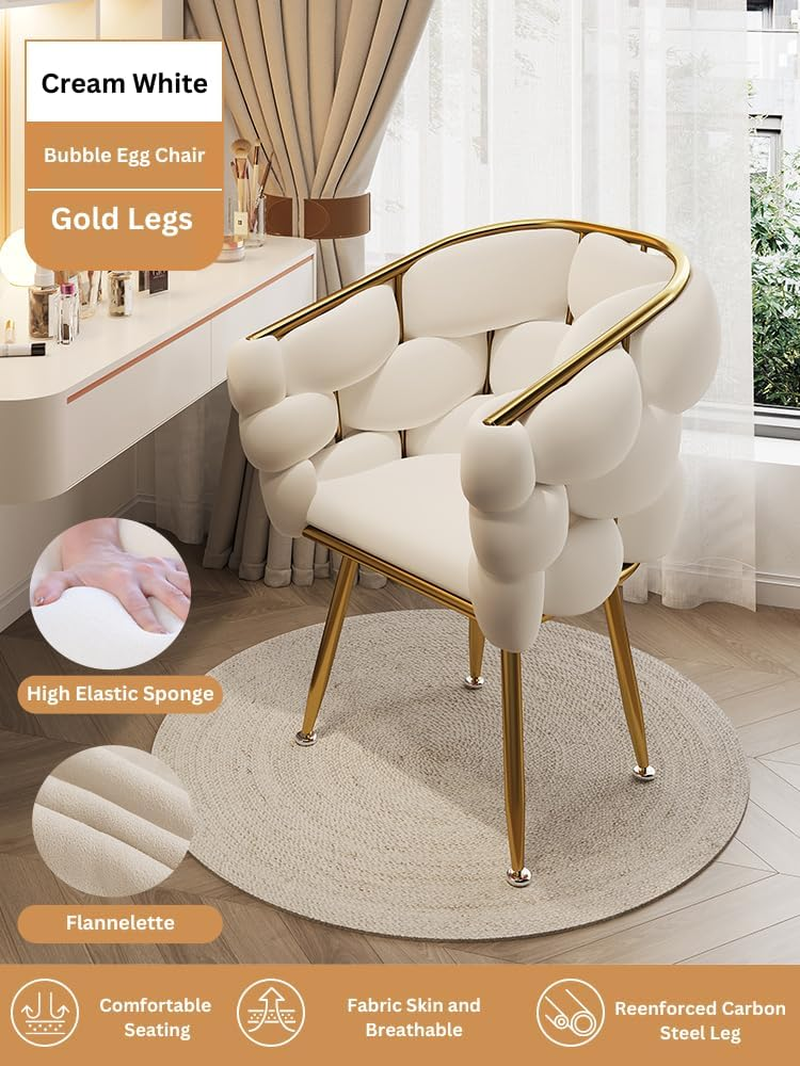 Bubble Chair Modern Lounge Sofa Barrel-Shaped Backrest Velvet Fabric Vanity Chair for Living Room or Bedroom, Makeup, Office, Fining Room (White Gold) image number 4