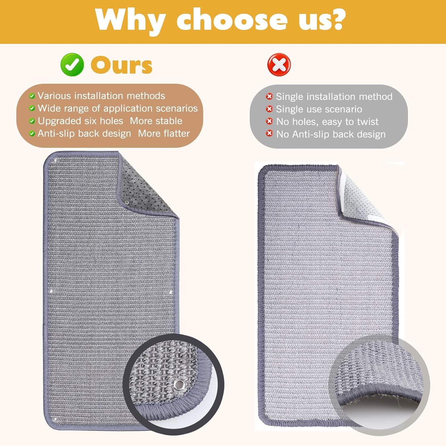 VABNEER Sisal Scratching Mat for Cat Wall Sofa, 60 X 30 Cm, Pack of 2, Grey Sisal Mat, Scratch Rug for Furniture Protection image number 2