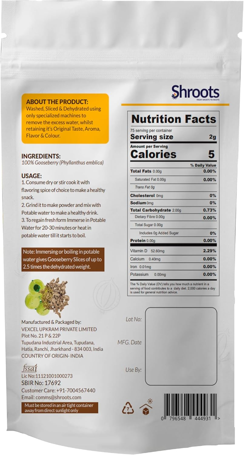 SHROOTS Dehydrated Gooseberry (Amla) Flakes Pure Vegetarian Gluten-Free No Added Sugar Easy Cooking Essential Machine Dried Vegetables with Natural Aroma Ideal for Everyday Meals 5.29 Oz, Pack of 1