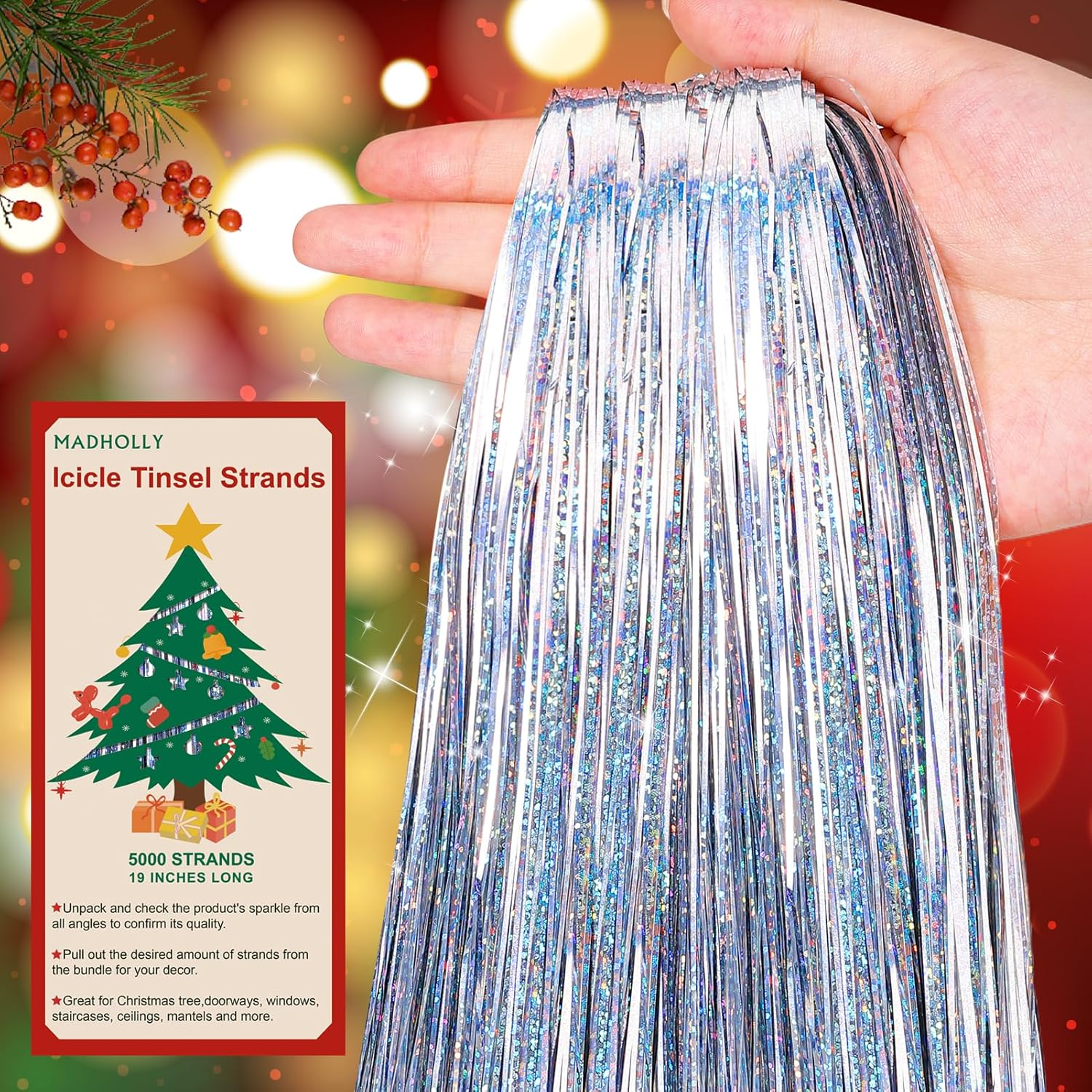 Icicles Tinsel - 5000 Strands 19" Icicle Tinsel Strands for Christmas Tree- Shiny Foil Fringes Tinsel Christmas Tree Decorations for Xmas Tree Holiday Decor Birthday Wedding Party Supplies, Iridescent