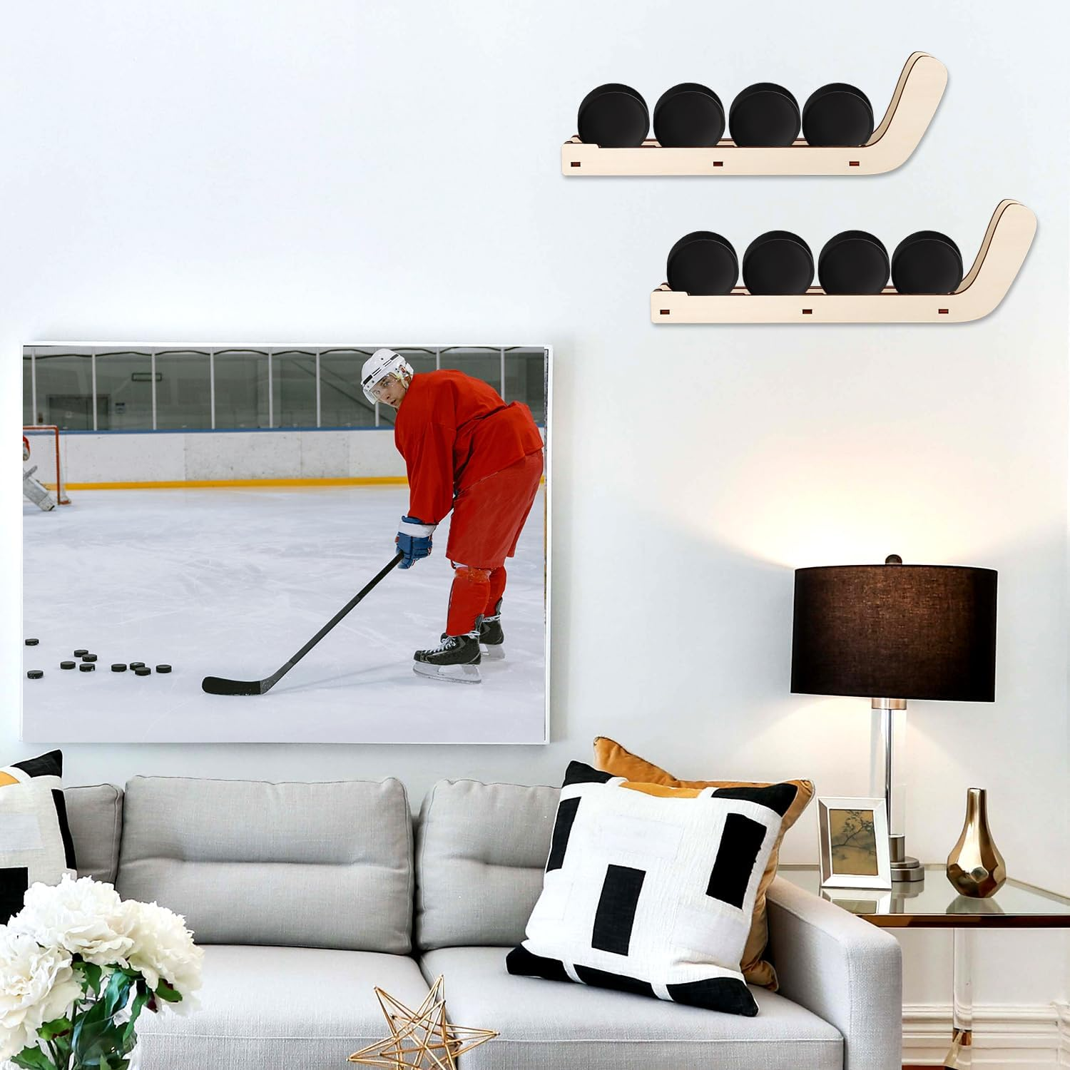 2Pcs Hockey Puck Display Cases, Wooden Hockey Puck Wall Mount Holder Hockey Puck Shelf Display Stand for Players Team Gifts Home Room Collection Storage Decoration image number 5