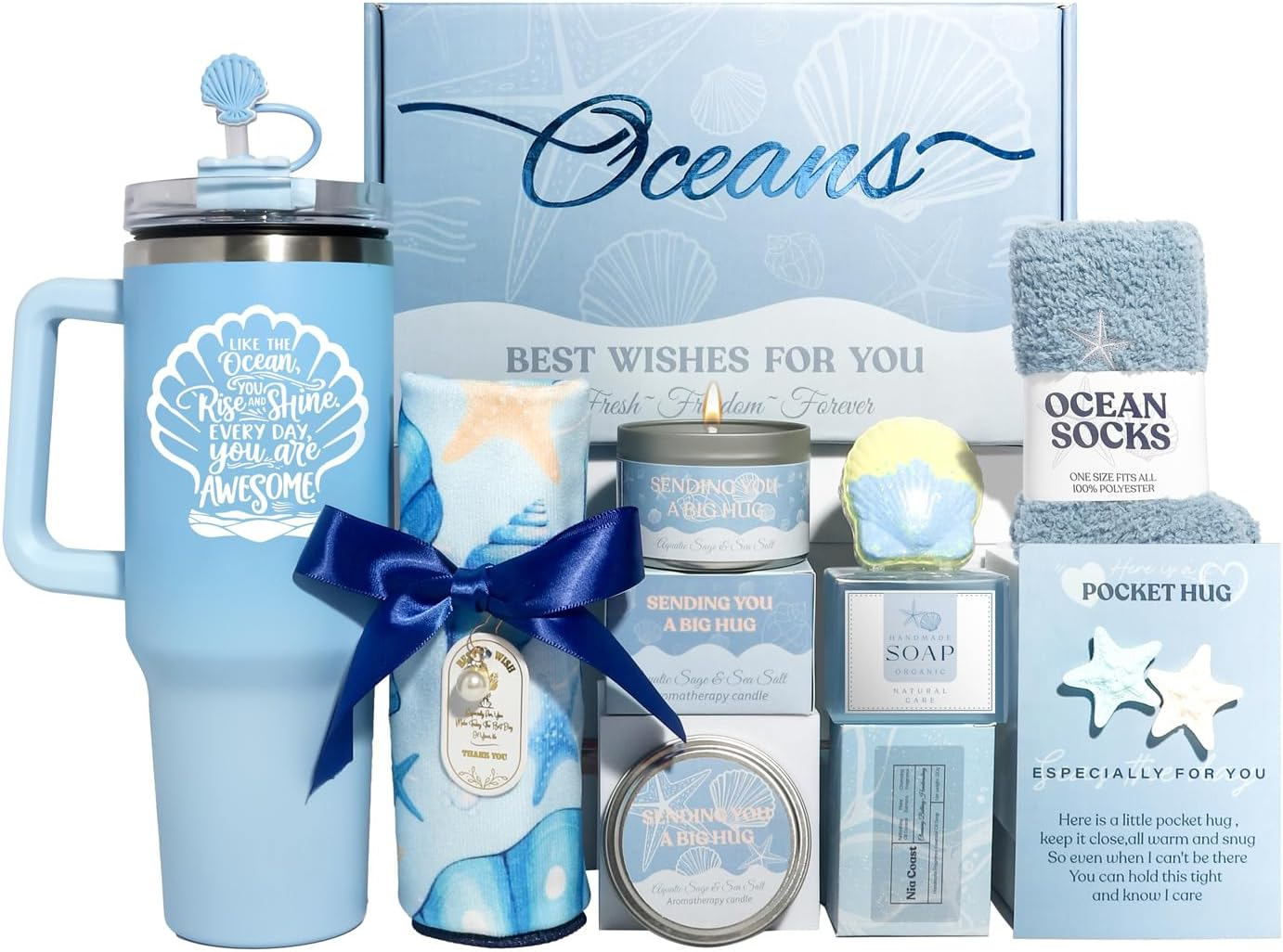 Birthday Gifts for Women, Self Care Gifts Get Stainless Steel Thermal Cup, Ocean Relaxing Gifts Basket, 40 OZ Tumbler for Mom Wife Her Best Friend Sister Girlfriend Teacher Insulated Tumblers (Blue) image number 4