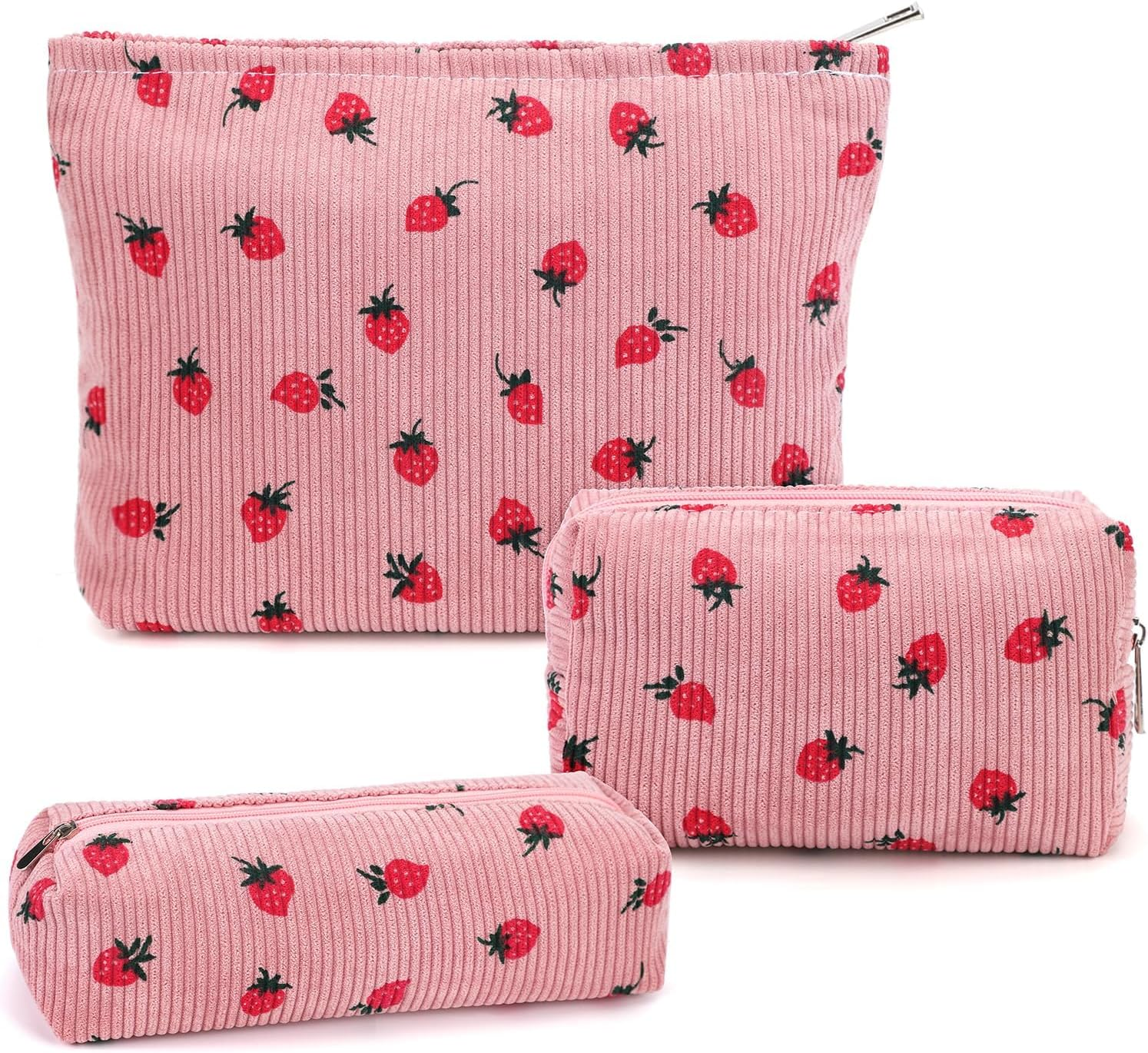 3 Pcs Checkered Makeup Bag Cosmetic Bag Set for Girls Women, Travel Organizer Bathroom Toiletry Pouch Large Capacity Storage Bag (Strawberry Pink)