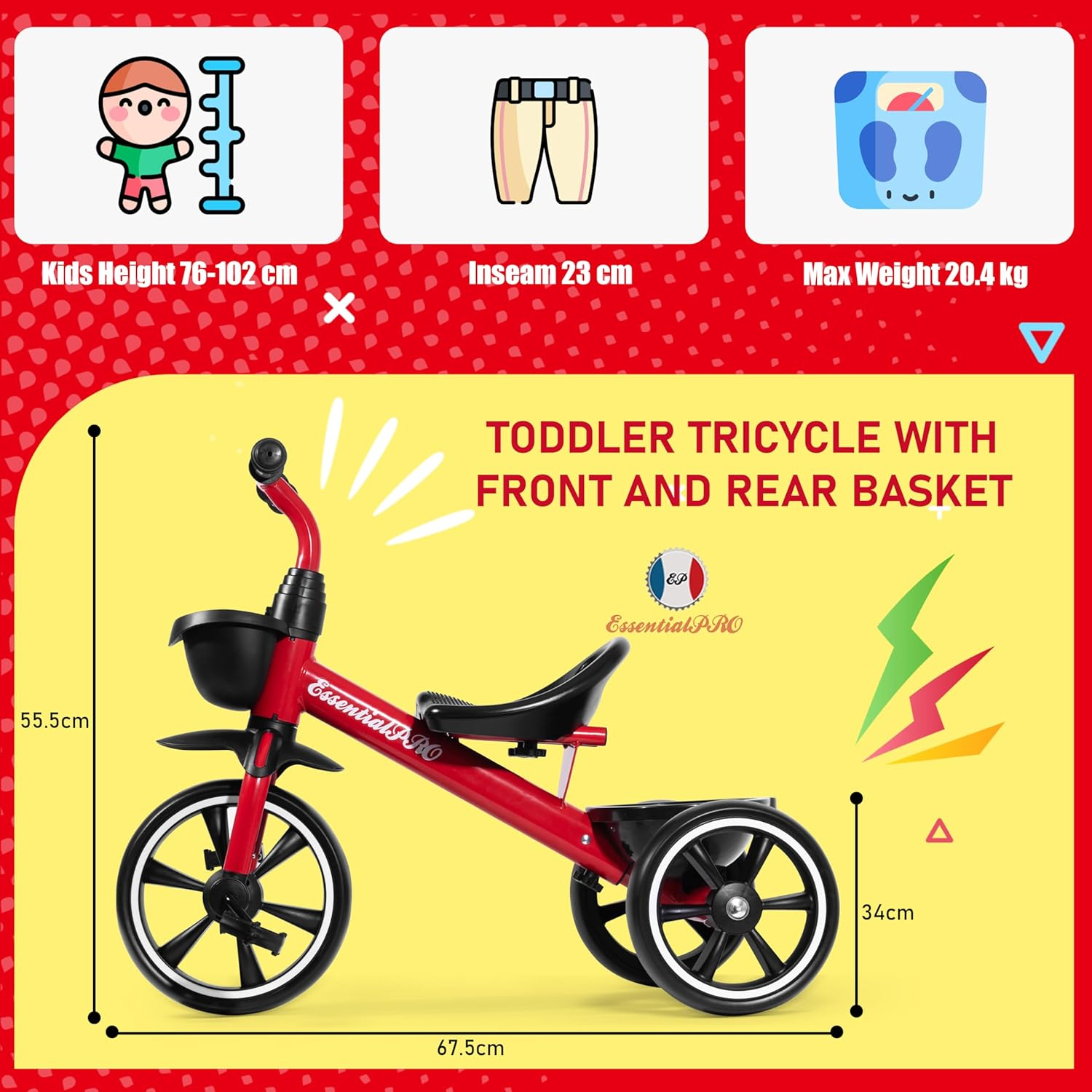 Essentialpro Kids Tricycle with Front & Rear Basket | Toddler Tricycle | Kids Riding Bike | Lightweight & Portable Push Bike with Removable Pedals | Kids Trike for 2 to 5 Years Old | 3 Wheel Bike image number 6