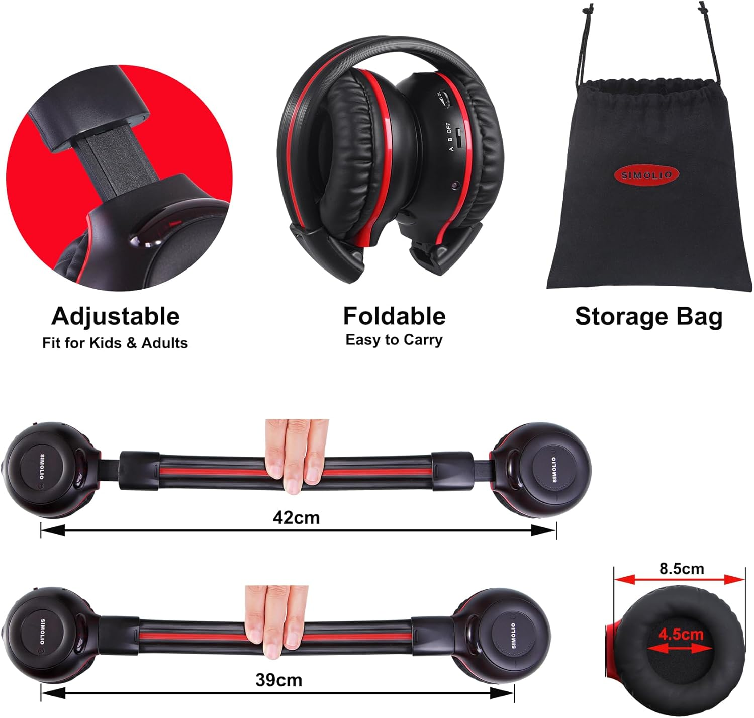 SIMOLIO 2 Pack of Wireless Car Headphones, 2 Channel IR Wireless Headphones for Kids, in Car Wireless DVD Headphones with Storage Bag for Universal Rear Entertainment System, Not for 2017+ Pacifica image number 6