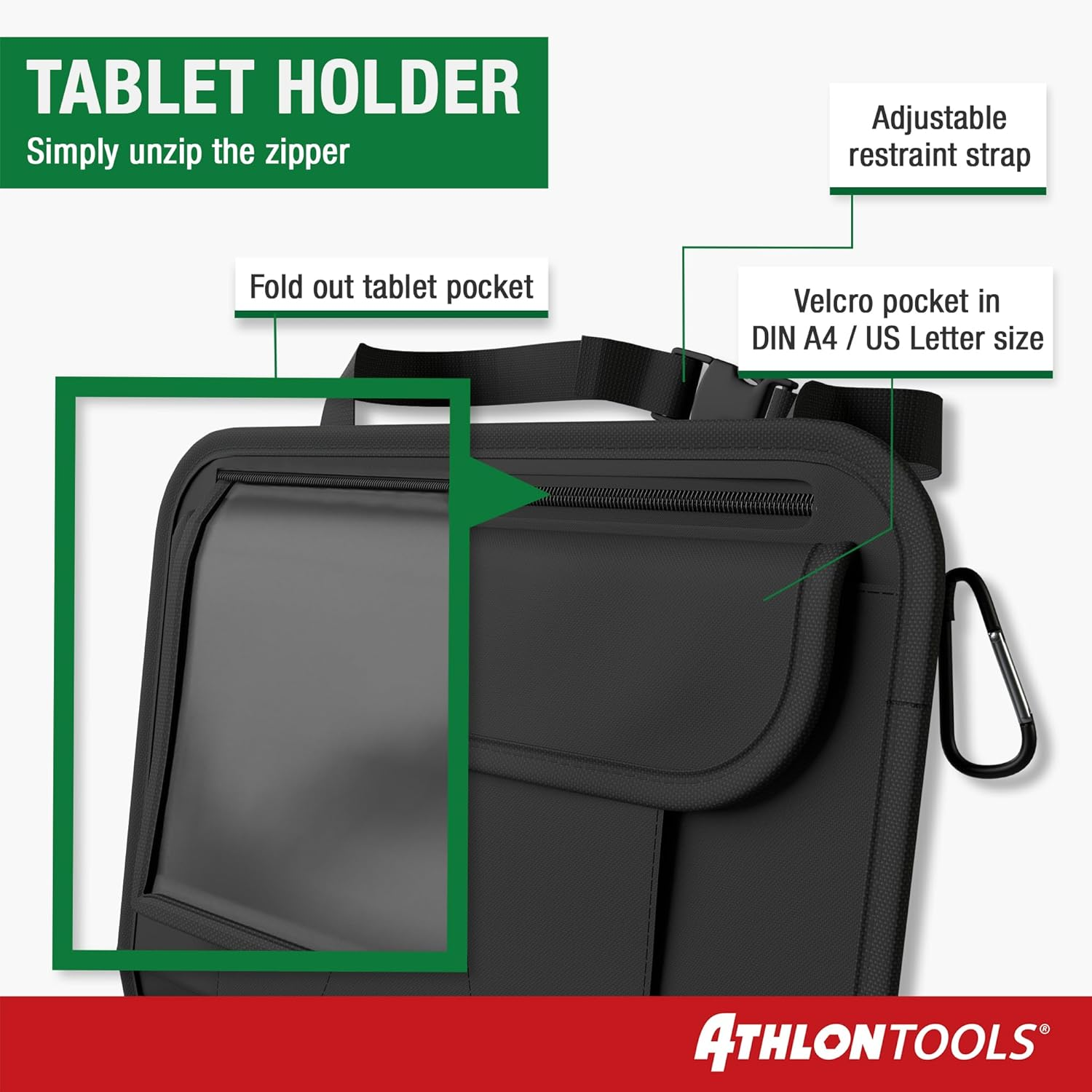 ATHLON TOOLS the Most Stable Car Seat Organiser with Reinforced Back Panel, Food-Safe, with Integrated Tablet Holder, with Extra Pencil Case, for Business and Children, Designed in Hamburg