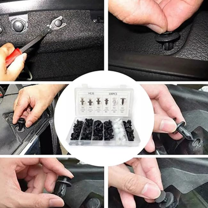 100-Piece G-Eneral M-Otors Clip Fixing Set, Including Disassembly Tools for Clip Repair, Black and White Plastic Rivets, Suitable for Most Vehicle Models