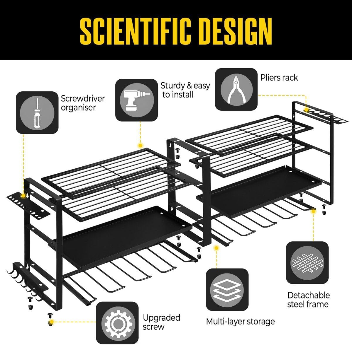 AUSWAY Power Tool Organiser 4 Tier Garage Shelving Unit Wall Mounted Metal Storage Rack Shelves Warehouse Drill Wrench Holder Hanger