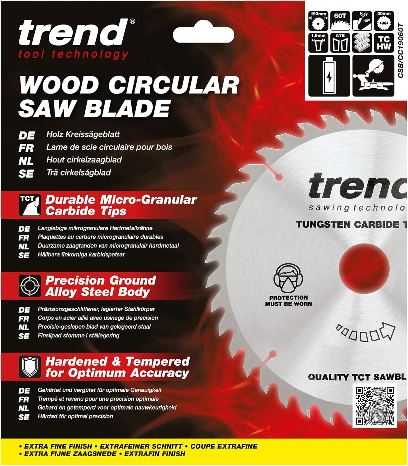 Trend Wood Cordless Mitre Saw Blade, 190Mm Diameter, 20Mm Bore, 60 Teeth, TCT, 1.9Mm Kerf, -5&deg; Hook, CSB/CC19060T image number 3