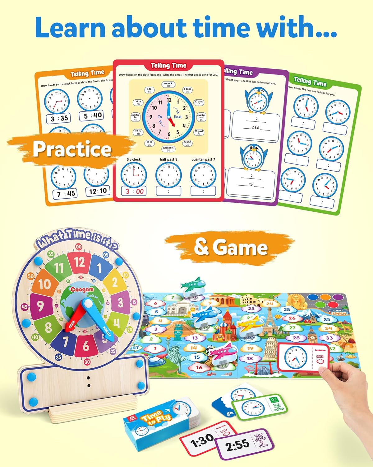 Coogam Wooden Clock Teaching Time Toy, Analog Digital Clock with Fly-Telling Time Board Game, Montessori Time Learning Educational Toy for 3 4 5 Year Old Homeschool Classroom Kids image number 1