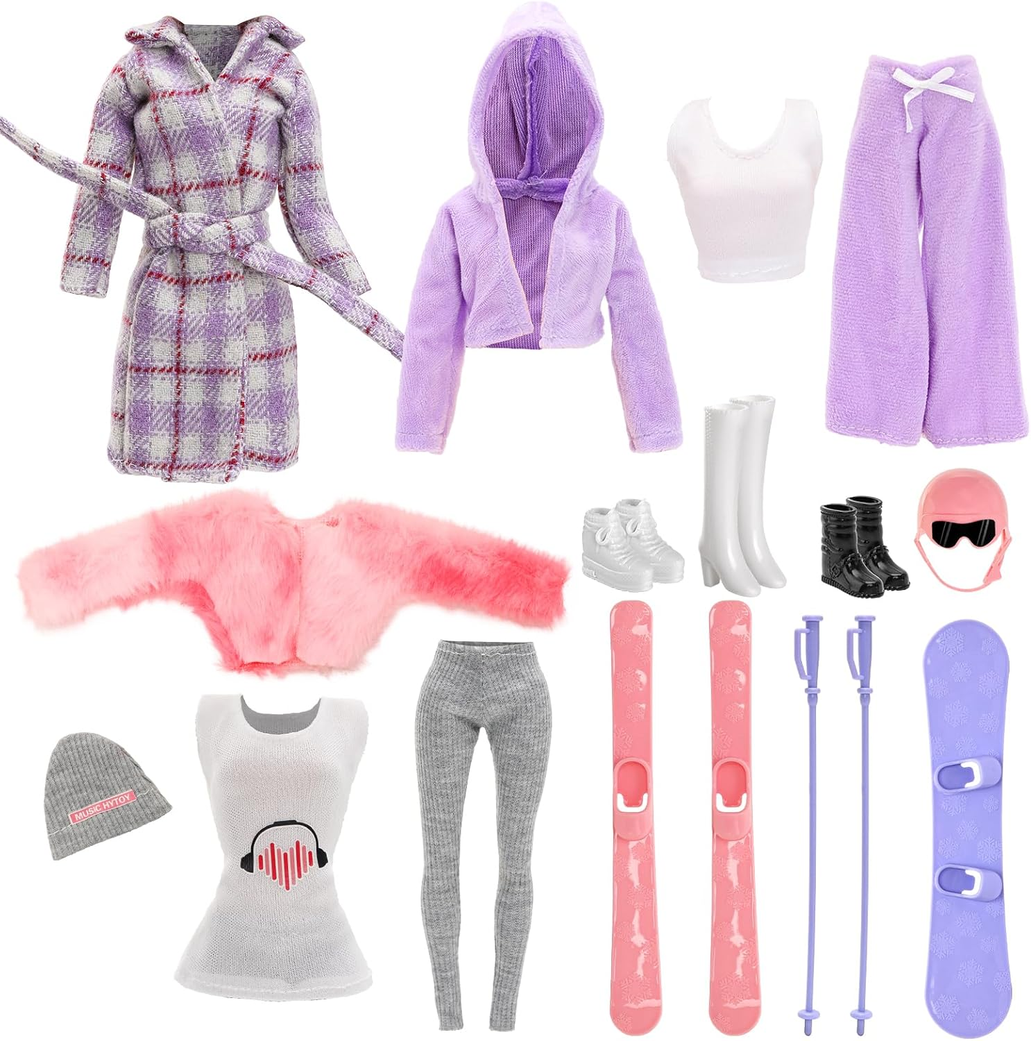 Barwa 13 Pcs Doll Winter Clothes and Accessories - 3 Set Doll Winter Coat Clothes, 2 Pairs of Shoes and 8 Pcs Skiing Accessories for 11.5 Inch Girl Doll Winter Playset image number 2