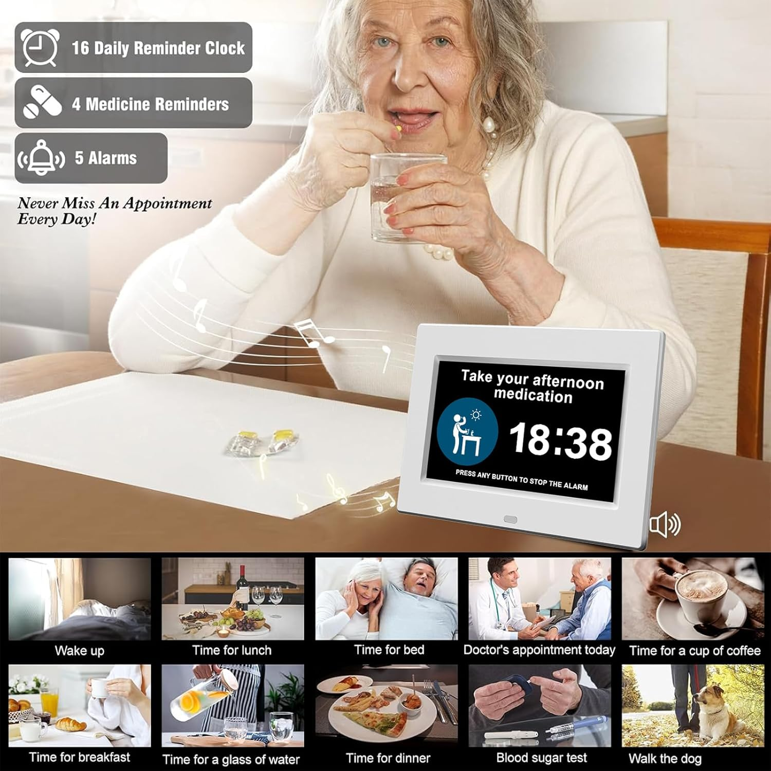 Dementia Clock for Seniors - 7" Large Clock for Seniors with Dementia, Digital Clock with Date & on Time Alarms, Remote Control, Dementia Wall Clocks for Elderly- White image number 5