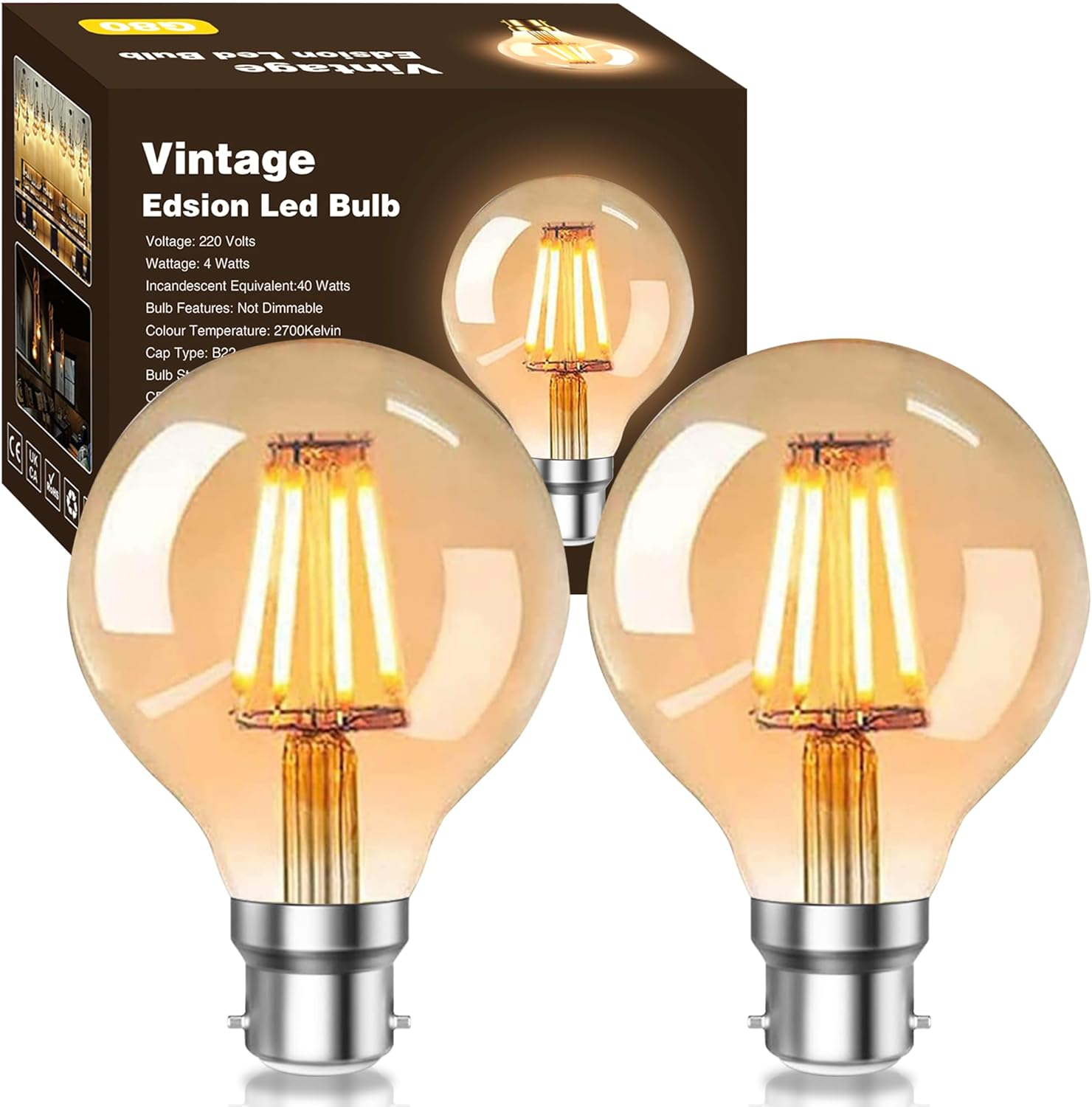 YOUDIAN Vintage Edison Bayonet Light Bulb 40W Equivalent,4W Energy Saver G80 B22 LED Bulbs Warm White 2700K,B22 Bayonet Cap Edison Retro Style LED Decorative Light Bulb,220V,Pack of 2 image number 1