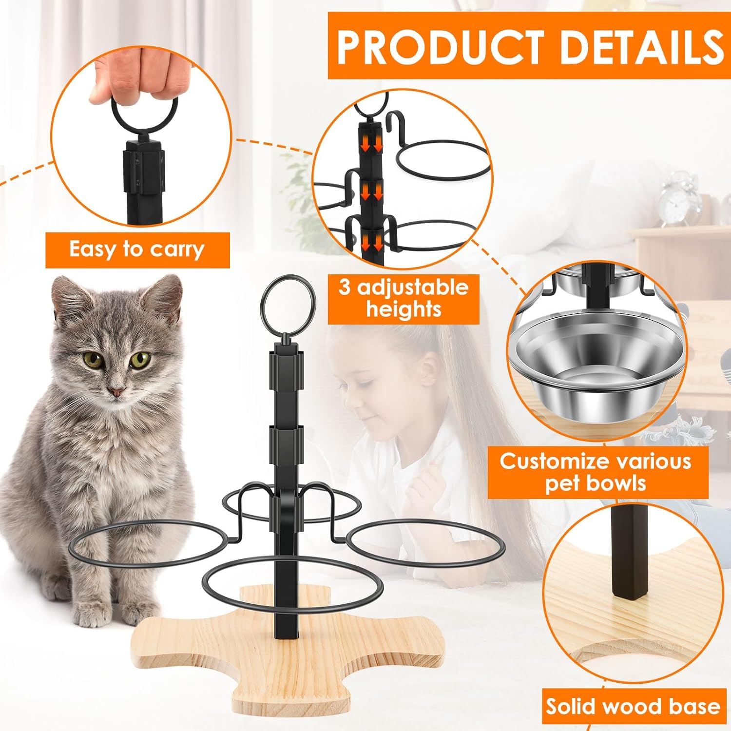 Elevated Cat Bowls with Stand, 3 Height Adjustable Cat Food Bowl, Detachable Pet Feeding Station​ Rack, Portable Pet Bowl Bracket for Small Medium Dog image number 6
