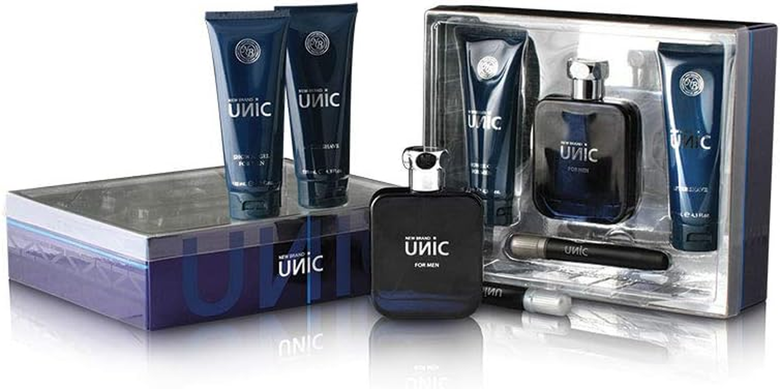 Unic by New Brand for Men - 4 Pc Gift Set 3.3Oz EDT Spray, 0.5Oz EDT Spray, 4.3Oz Shower Gel, 4.3Oz after Shave image number 1