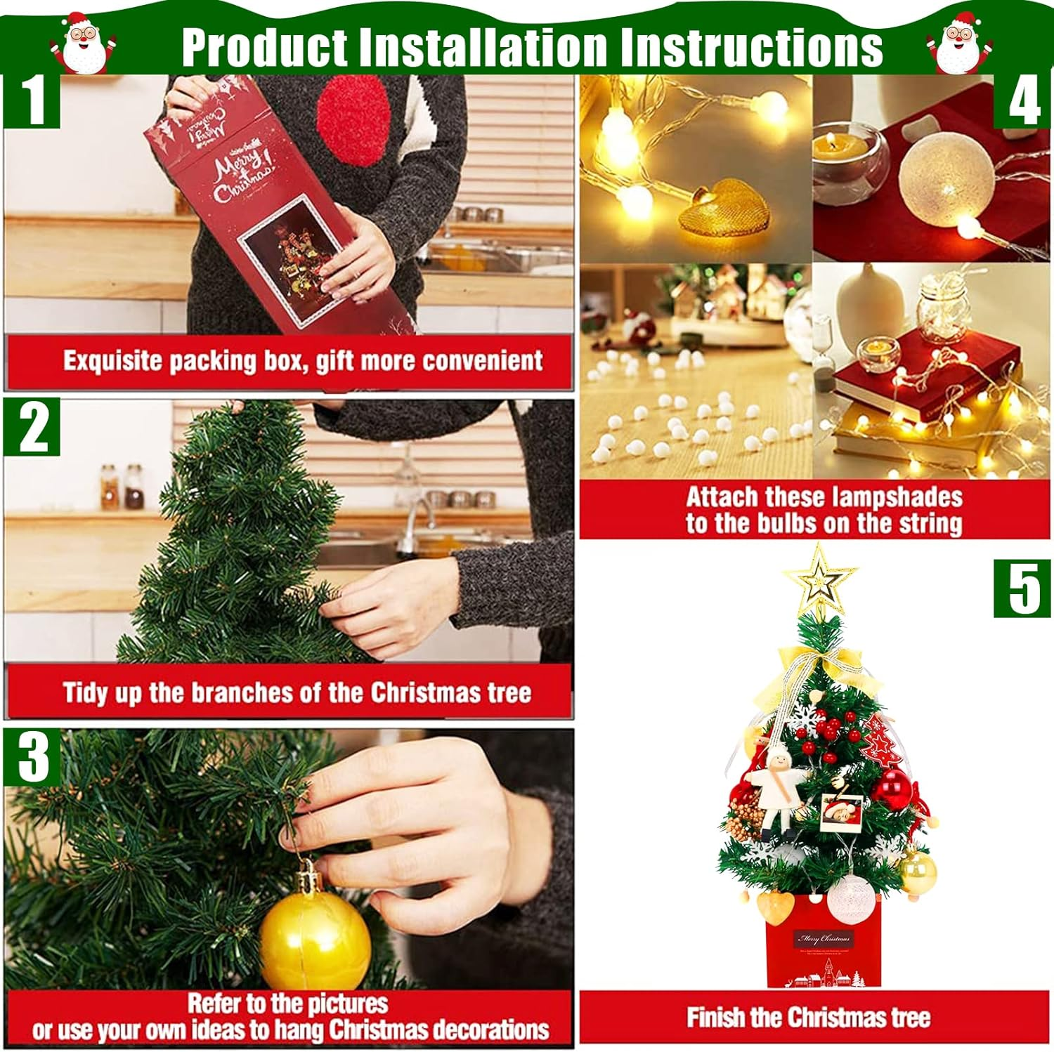 50Cm Artificial Christmas Tree, Mini Christmas Tree Decoration, 24In Small Tabletop Xmas Tree with Xmas Ball Stars Bow Ornaments for Home Office Shop Desktop Party Decor (Gold, 1.6Ft) - Green, 2Ft image number 6