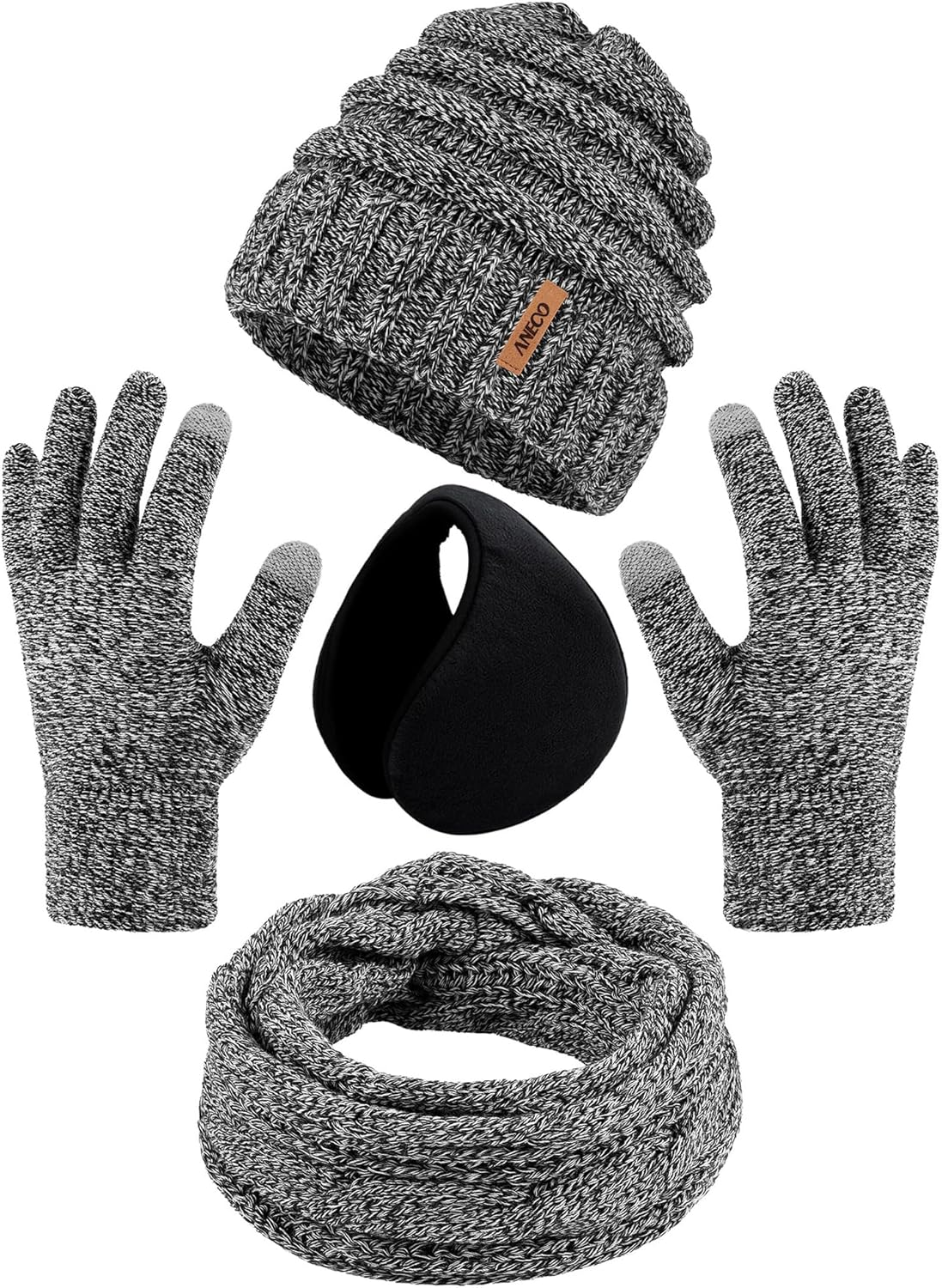 Aneco Winter Warm Sets Knitted Scarf Beanie Hat Touch Screen Gloves and Winter Ear Warmer for Men or Women