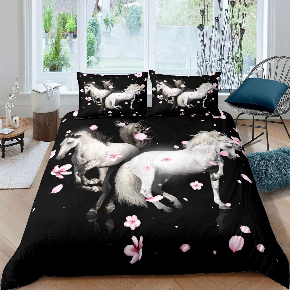 Homewish Horse Duvet Cover, Boys Galloping Horses Duvet Cover, White Horse Print for Children, Teenagers, Adults, Pink Petal Bedding Set, Living Room Decor with Zip, 135 X 200 Cm, Black image number 4