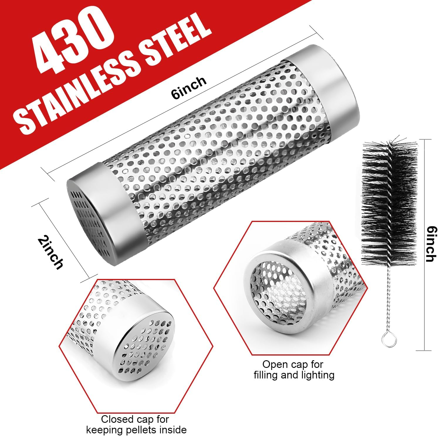 Premium Pellet Smoker Tube,Stainless Steel BBQ Wood Pellet Tube Smoker,5 Hours of Billowing Smoke - Hot or Cold Smoking,Smoker Tube with Brush and Hook for All Grill, Smoker (Silver)