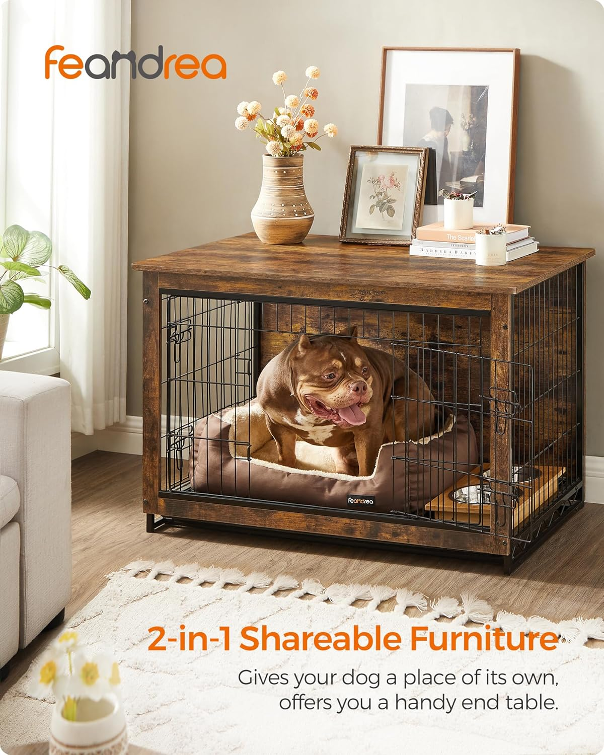 Feandrea Dog Crate Furniture, 98 Cm Side End Table, Modern Kennel for Dogs Indoor up to 32 Kg, Heavy-Duty Dog Cage with Multi-Purpose Removable Tray, Double-Door Dog House, Rustic Brown PFC003X01 image number 2